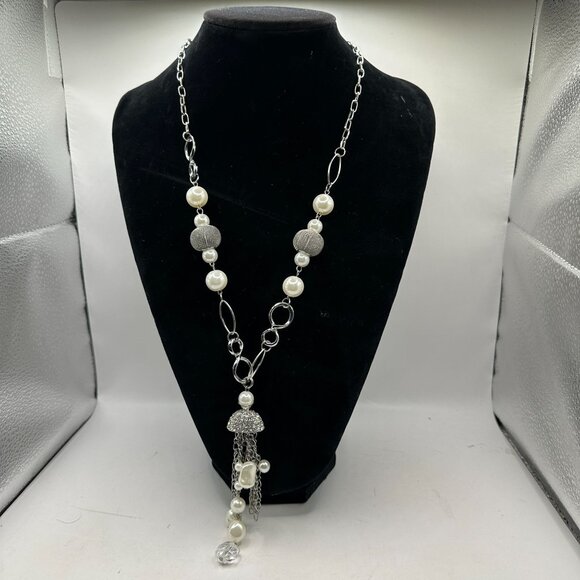Silver & Pearl Beaded Necklace With Rhinestone Tassel Pendant & Lobster Clasp - Picture 1 of 5